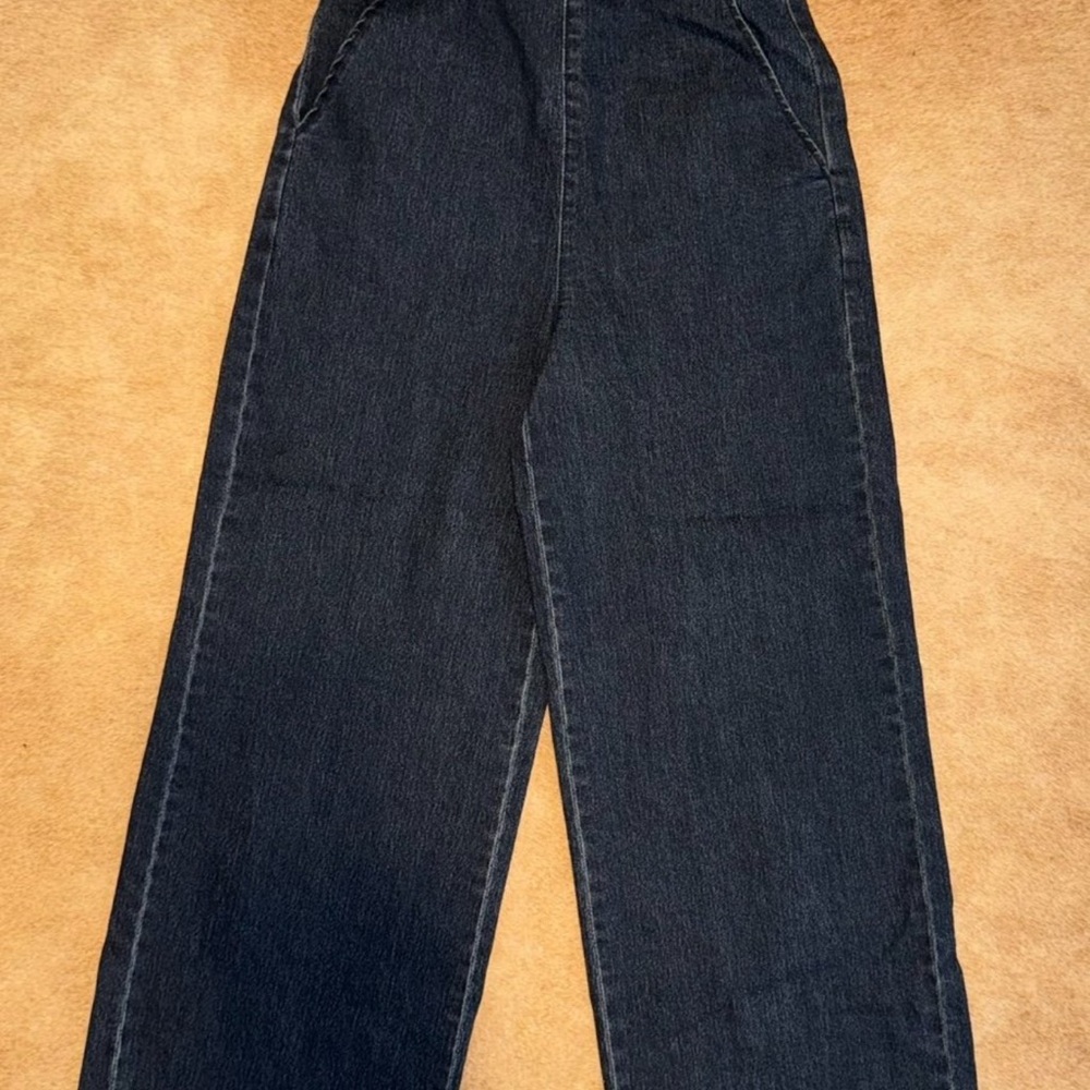 NWT Love, Fire Wide Leg Strapless Stretch dark Denim Jumpsuit Size XS